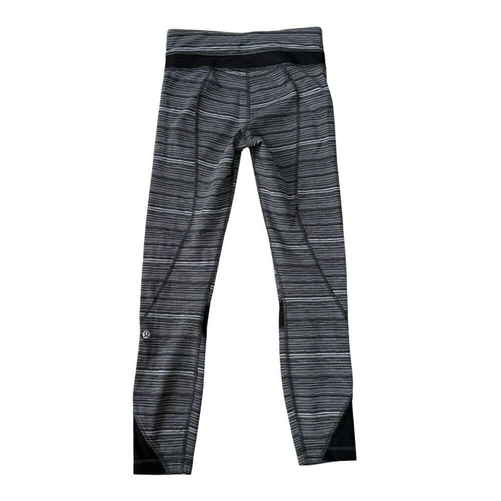 Lululemon Inspire Tight II leggings black/white striped pattern mesh detail sz 4 - Picture 2 of 8